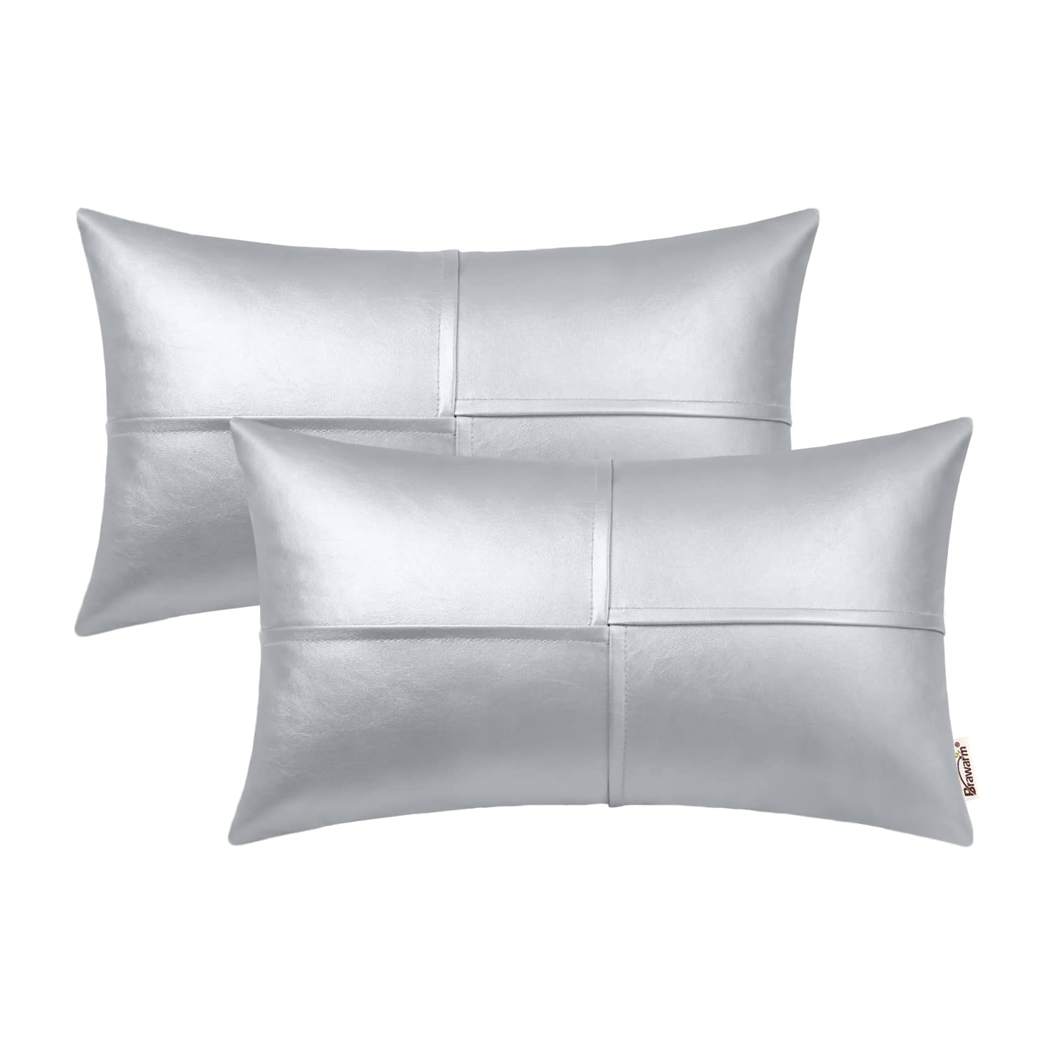 Brawarm Faux Leather Throw Pillow Covers 12 X 20 Inches, Silver Leather Lumbar Pillow Covers Pack Of 2, Hand Stitched Leather De